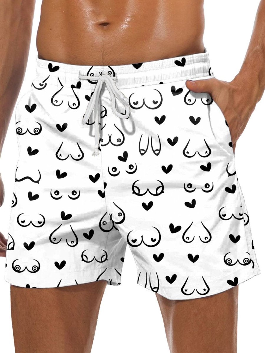 Men DJ Bottoms | Boobs And Hearts Print Pocket Tie Shorts White