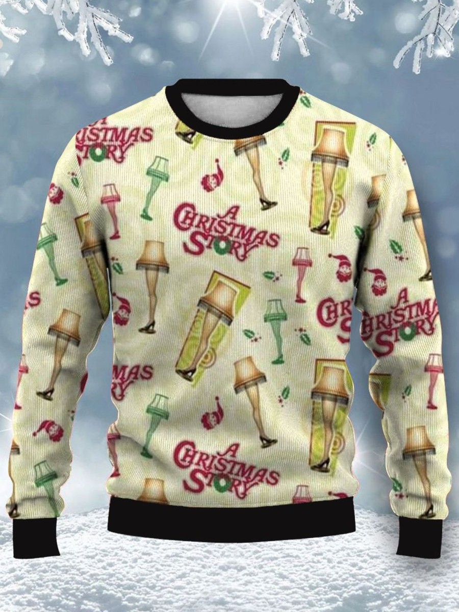 Men DJ Ugly Sweater | Christmas Lamp Print Casual Crew Neck Sweatshirt Yellow