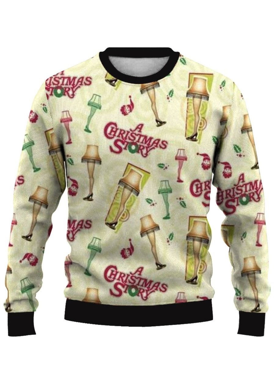 Men DJ Ugly Sweater | Christmas Lamp Print Casual Crew Neck Sweatshirt Yellow