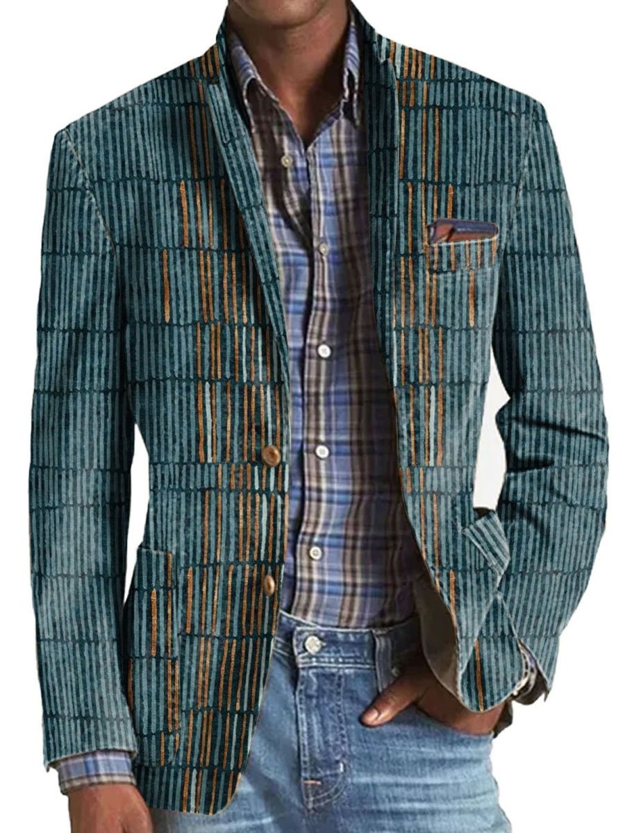 Men BXL Print Jacket | Men'S Retro Stripe Print Casual Pocket Blazer Photo Color