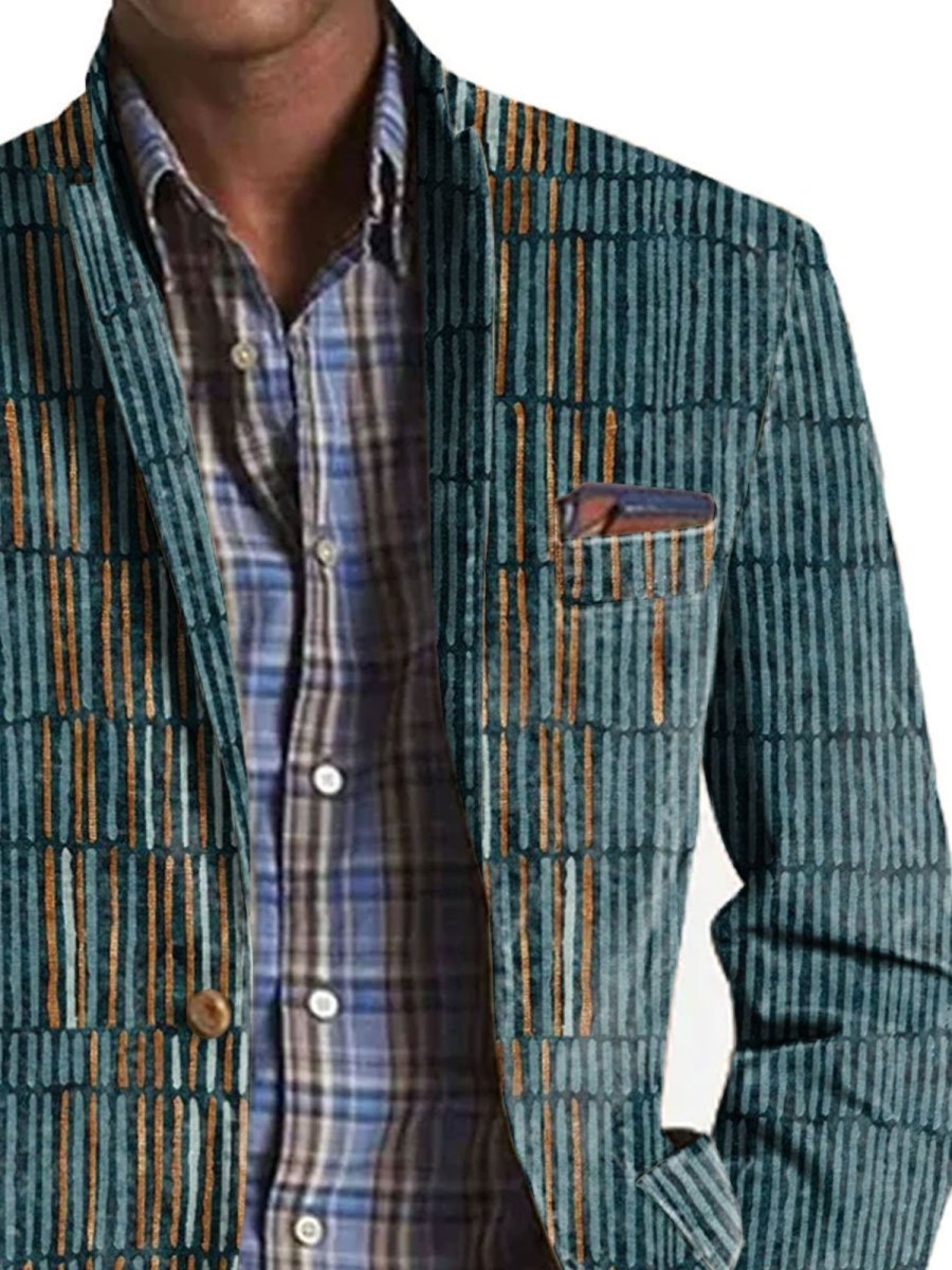 Men BXL Print Jacket | Men'S Retro Stripe Print Casual Pocket Blazer Photo Color