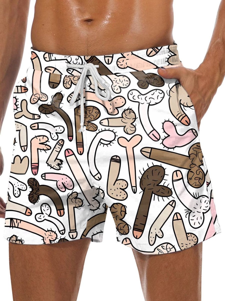 Men DJ Bottoms | Cartoon Cocks Print Casual Double Pocket Lace-Up Shorts