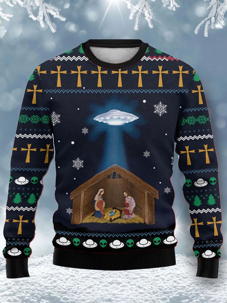 Men DJ Ugly Sweater | Fun Spaceship Jesus Print Crew Neck Sweatshirt Photo Color