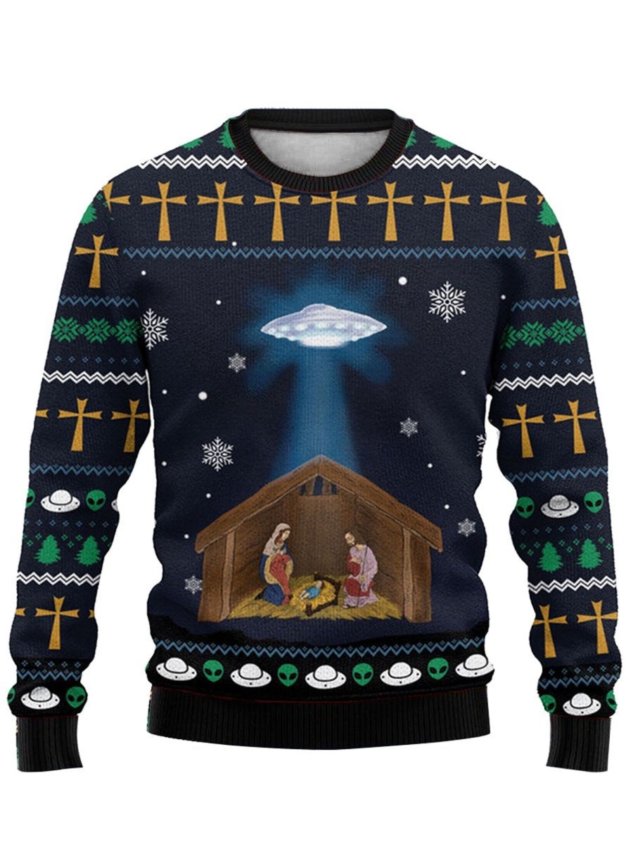 Men DJ Ugly Sweater | Fun Spaceship Jesus Print Crew Neck Sweatshirt Photo Color