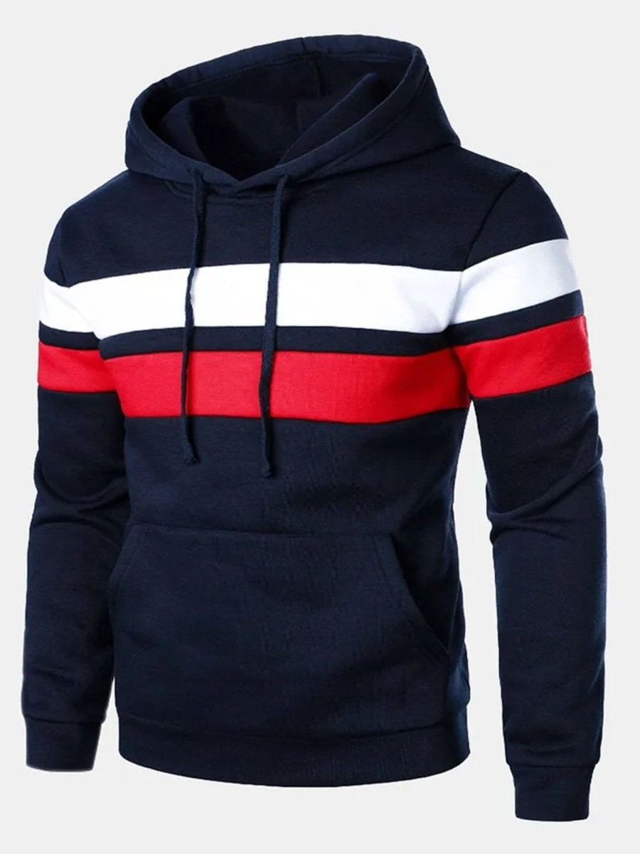 Men DJ T-Shirts | Men'S Color Block Print Basic Drawstring Hoodie Photo Color