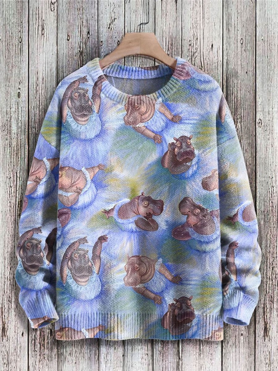 Men BXL Print Sweater | Fun Hippopotamus Watercolor Art Print Knitted Pullover Sweater Blue