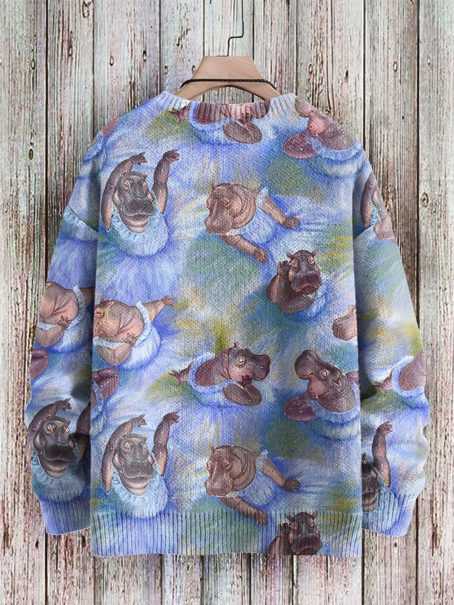 Men BXL Print Sweater | Fun Hippopotamus Watercolor Art Print Knitted Pullover Sweater Blue