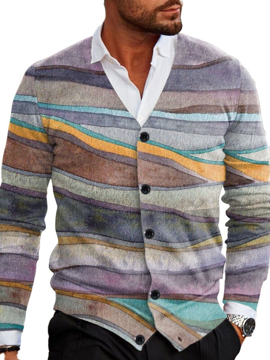 Men BXL Print Cardigan | Men'S V-Neck Colorful Striped Single-Breasted Sweater Cardigan 82793706Xl Purple