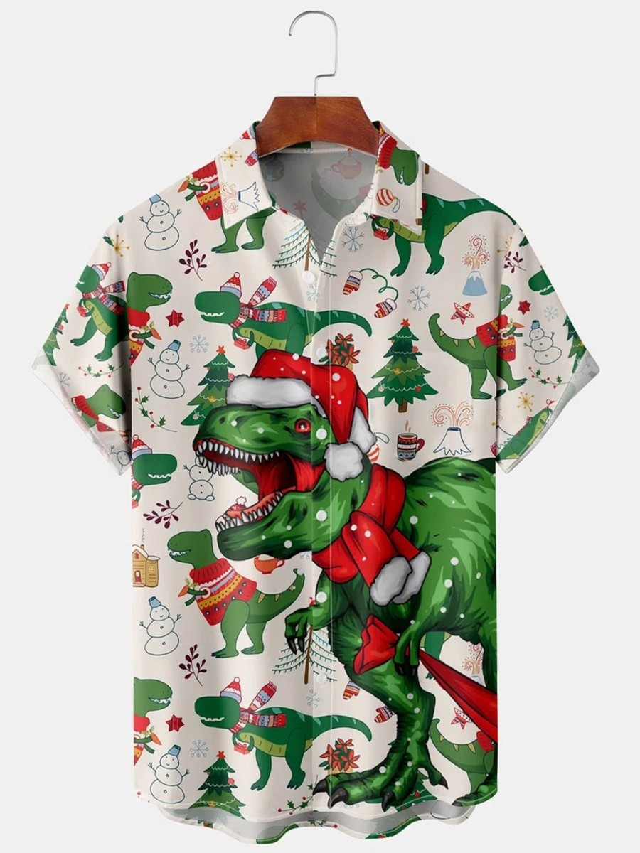 Men HLJ Shirts | Men'S Dinosaur Merry Christmas Print Short Sleeve Shirt Light Apricot