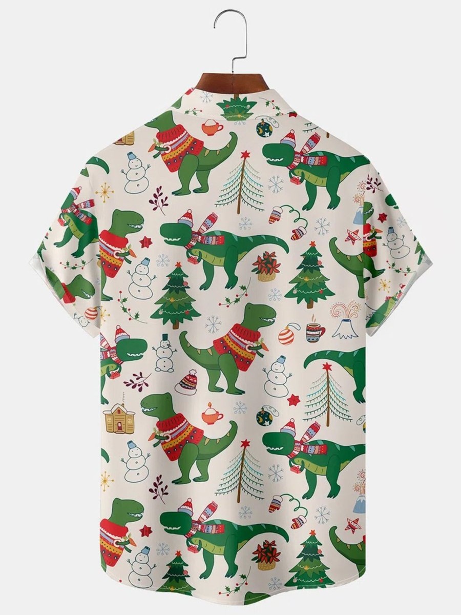 Men HLJ Shirts | Men'S Dinosaur Merry Christmas Print Short Sleeve Shirt Light Apricot