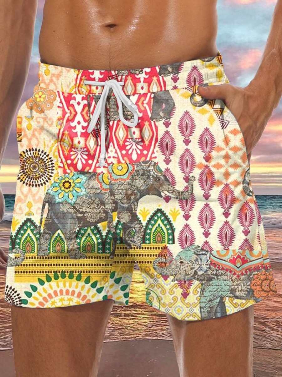 Men DJ Shorts | Vintage Geometric Elephant Pocket Lace-Up Hawaiian Shorts Photo Color