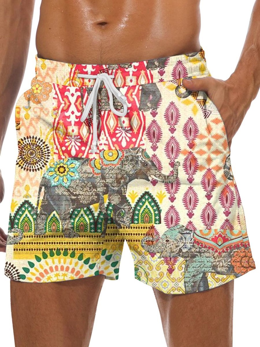 Men DJ Shorts | Vintage Geometric Elephant Pocket Lace-Up Hawaiian Shorts Photo Color