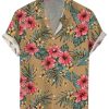 Men DJ Shirts | Vintage Hawaiian Hibiscus Print Short Sleeve Shirt Brown