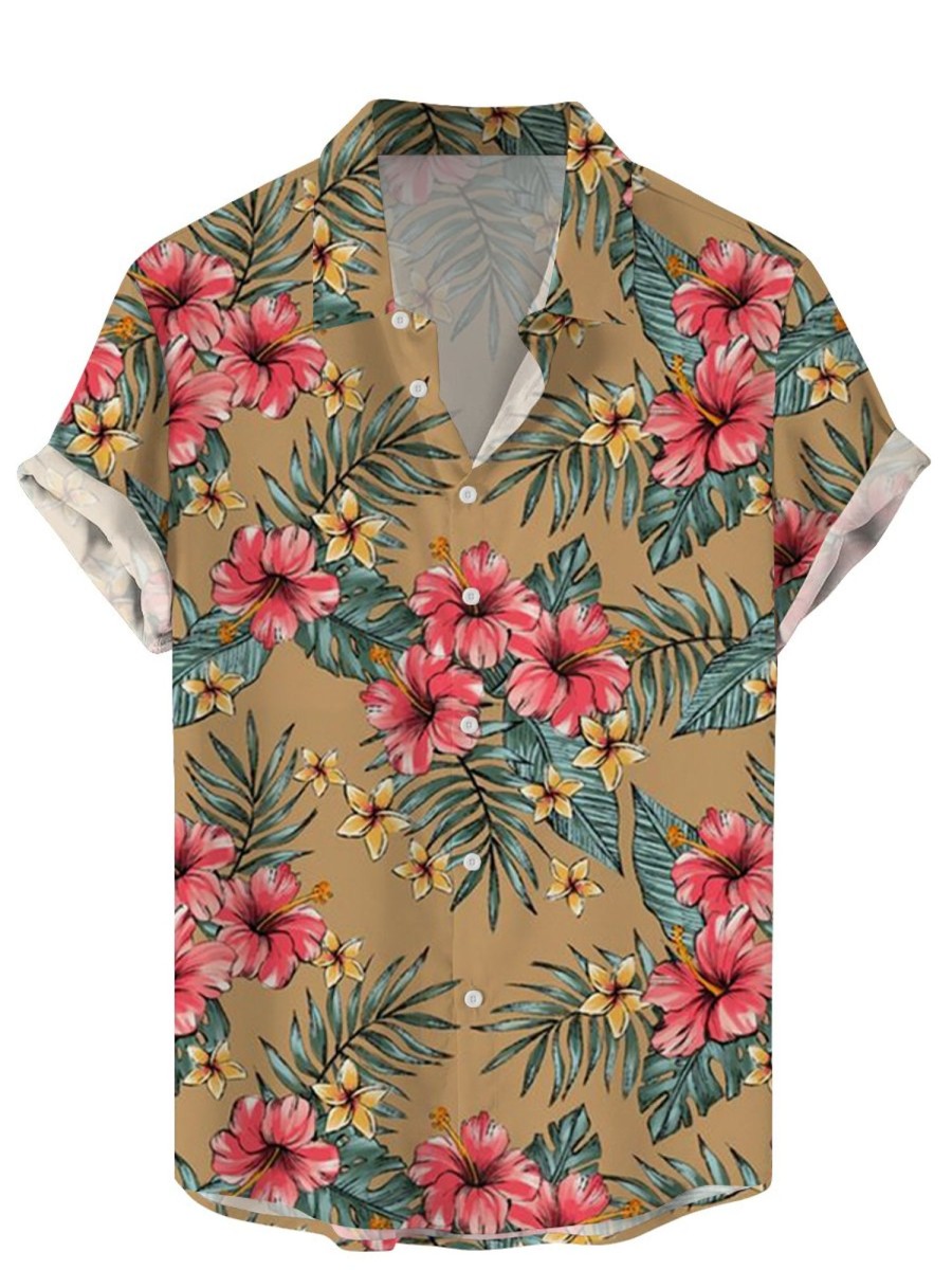 Men DJ Shirts | Vintage Hawaiian Hibiscus Print Short Sleeve Shirt Brown