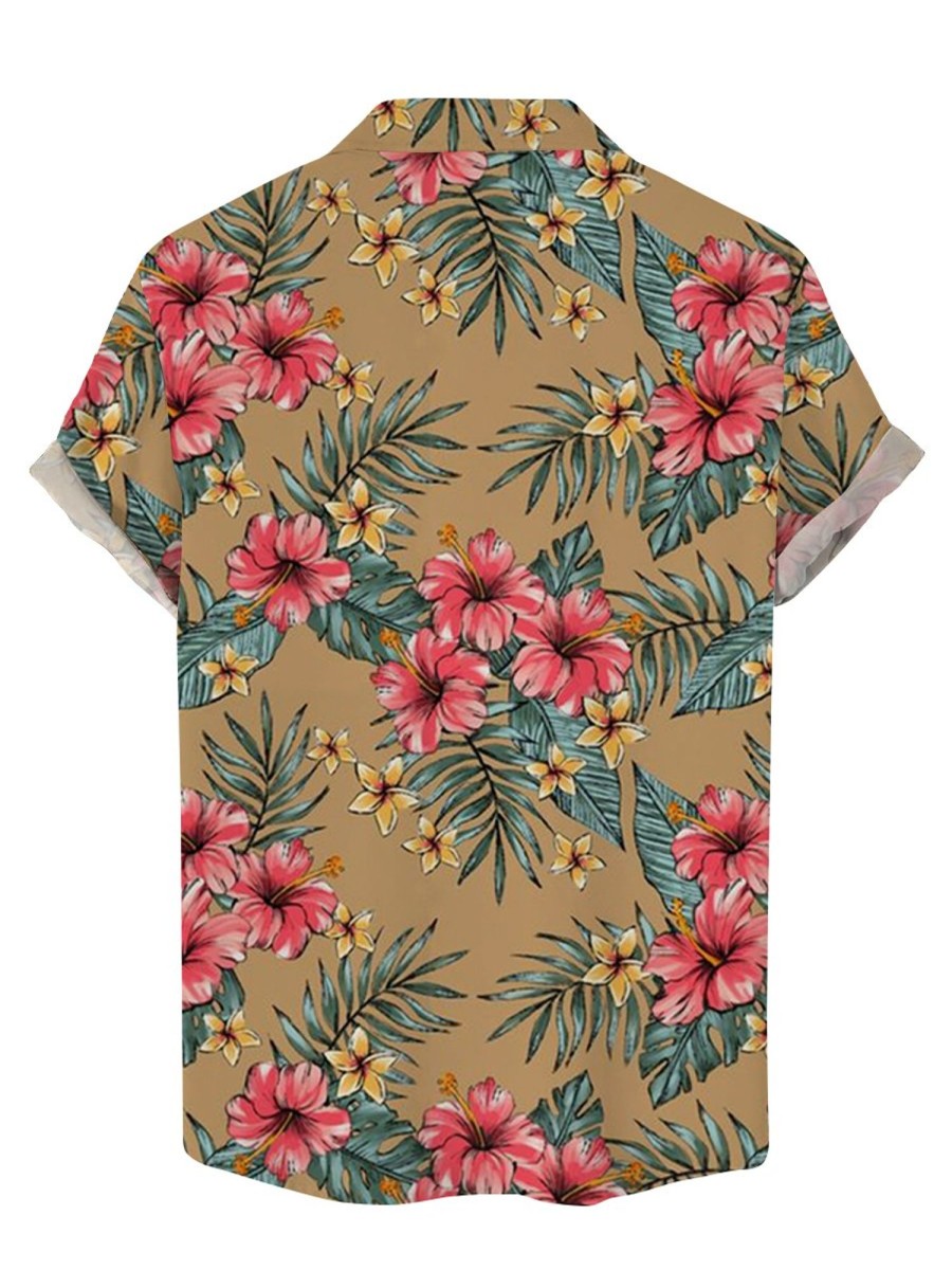 Men DJ Shirts | Vintage Hawaiian Hibiscus Print Short Sleeve Shirt Brown