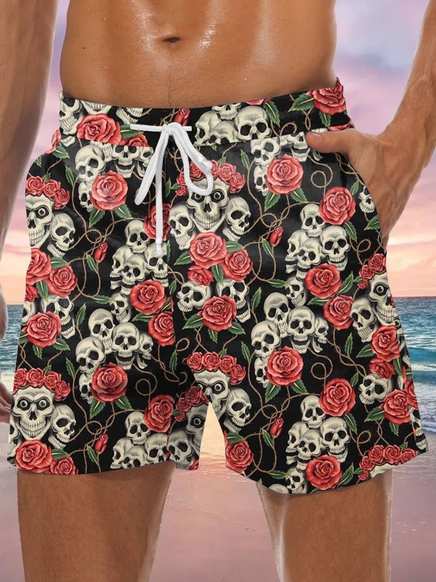 Men GYJ Shorts | Skull Rose Print Track Shorts Black