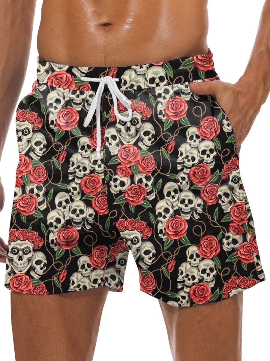 Men GYJ Shorts | Skull Rose Print Track Shorts Black