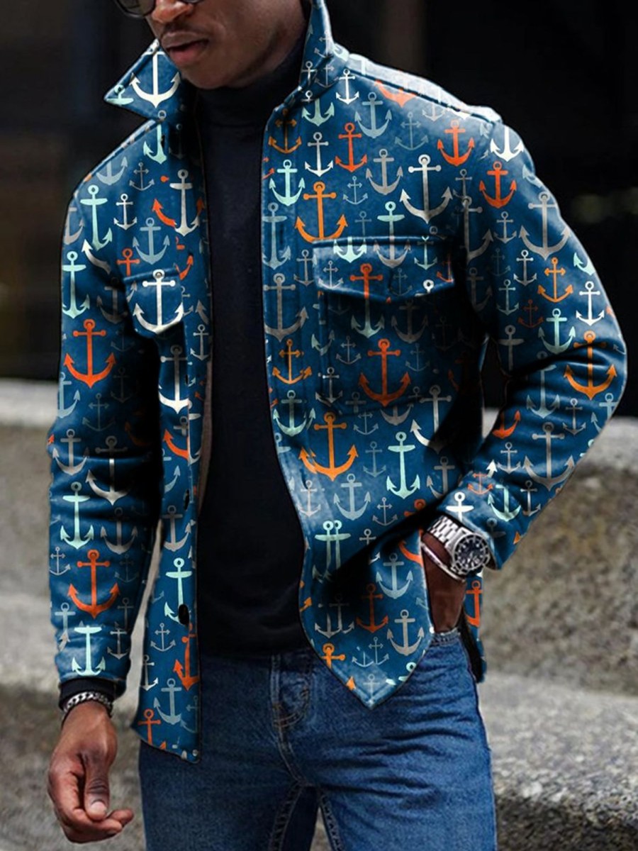 Men DJ Jacket | Retro Multicolor Anchor Print Double Pocket Casual Jacket Blue