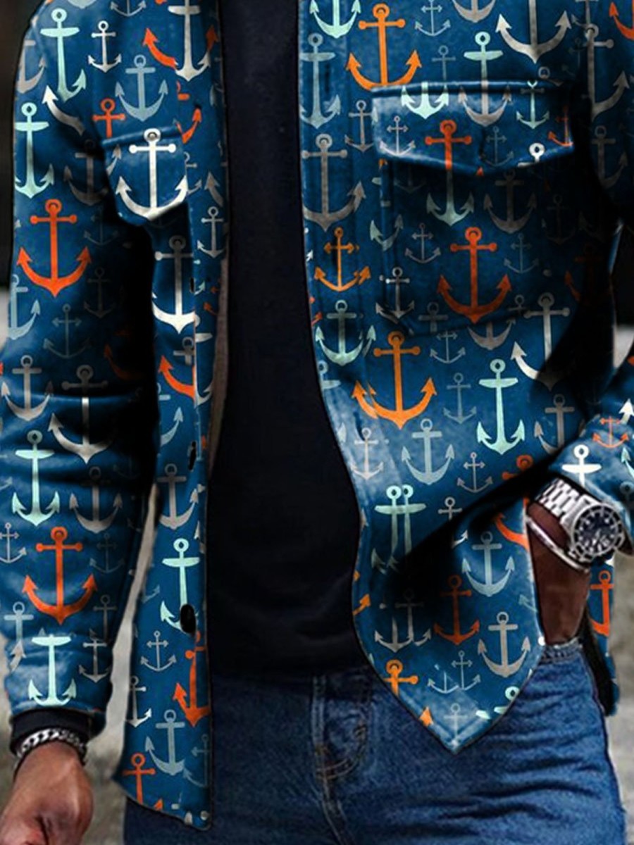 Men DJ Jacket | Retro Multicolor Anchor Print Double Pocket Casual Jacket Blue