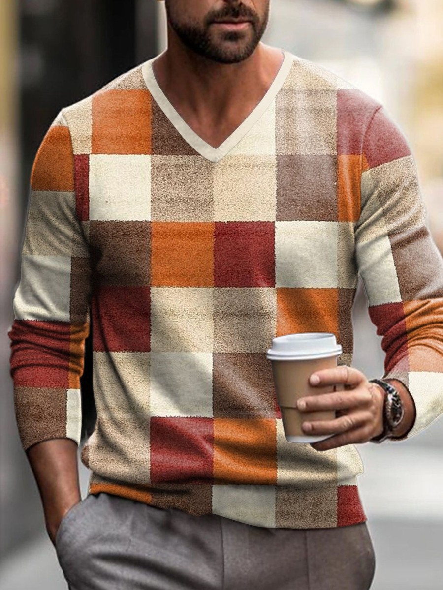 Men DJ Print Sweater | Vintage Geometric Print V-Neck Knitted Pullover Photo Color