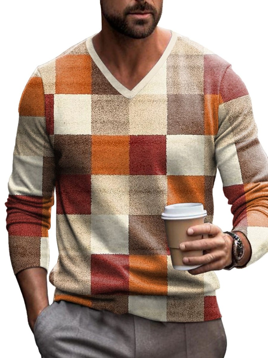 Men DJ Print Sweater | Vintage Geometric Print V-Neck Knitted Pullover Photo Color