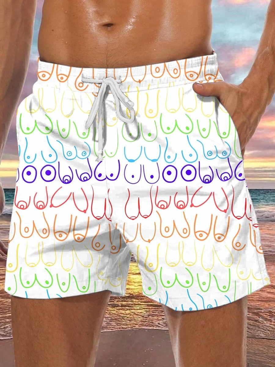 Men DJ Shorts | Rainbow Boobs Stick Figure Print Pocket Tie Shorts