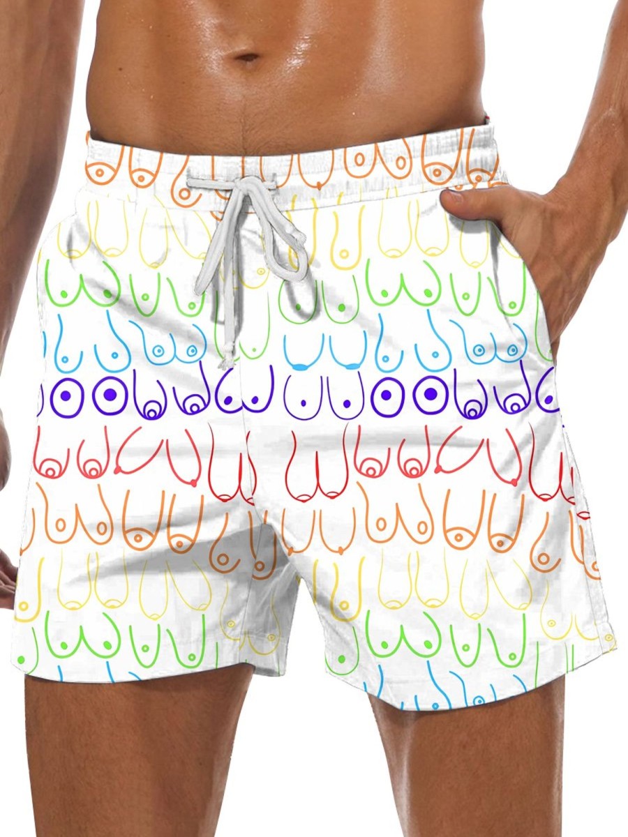 Men DJ Shorts | Rainbow Boobs Stick Figure Print Pocket Tie Shorts