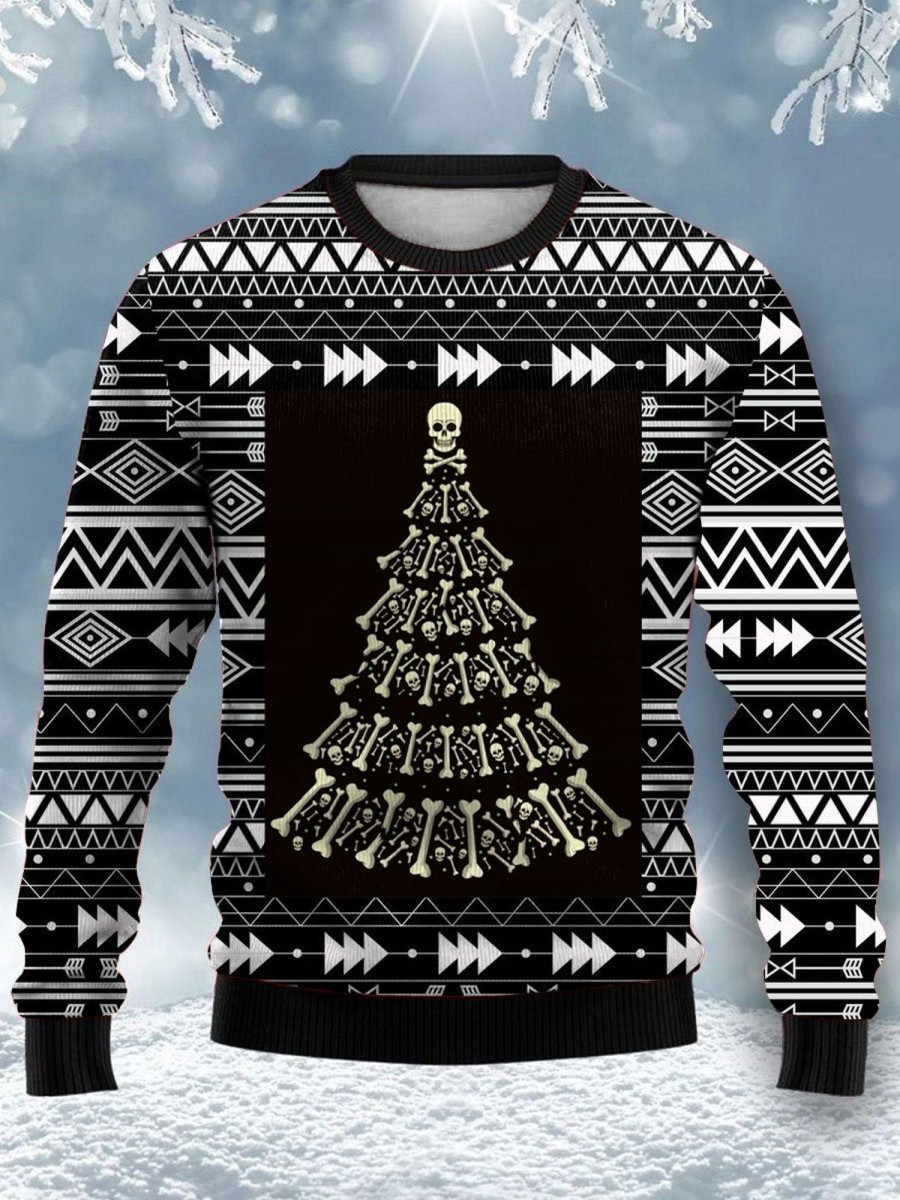 Men GYJ Ugly Sweater | Skull Christmas Tree Print Casual Crew Neck Sweatshirt Black