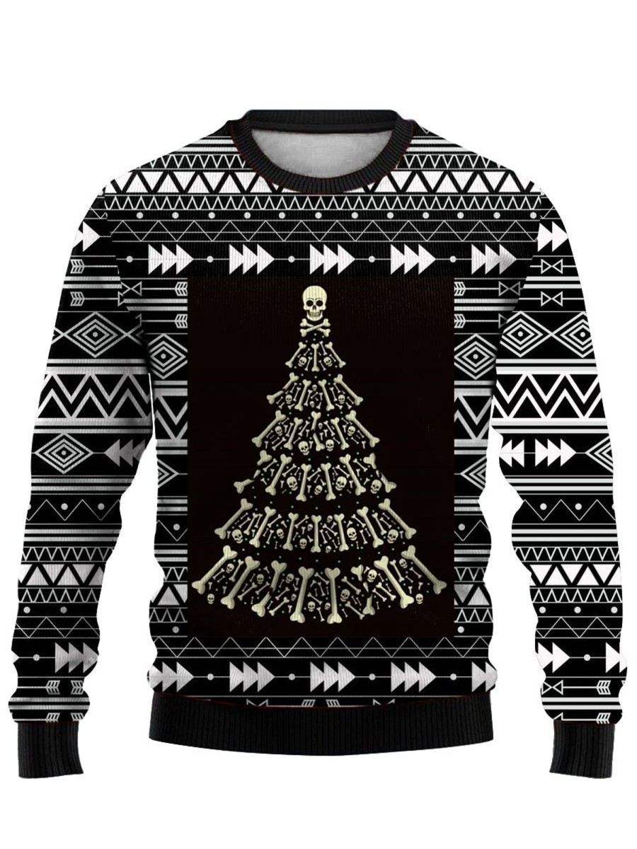 Men GYJ Ugly Sweater | Skull Christmas Tree Print Casual Crew Neck Sweatshirt Black