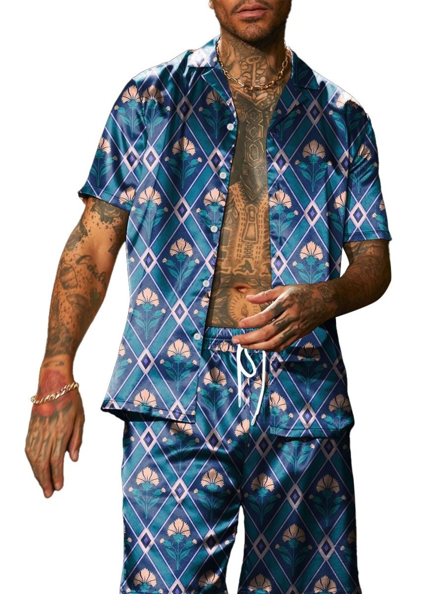 Men DJ Set | Vintage Geometric Floral Print Short-Sleeved Shirt And Shorts Two-Piece Set Blue