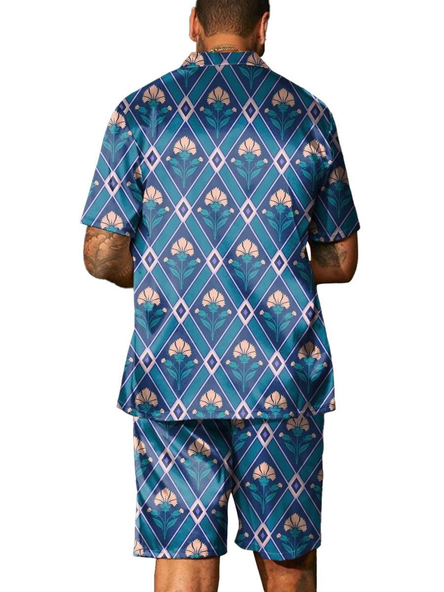 Men DJ Set | Vintage Geometric Floral Print Short-Sleeved Shirt And Shorts Two-Piece Set Blue