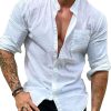 Men DJ Casual Long Sleeve Shirts | Single Pocket Button Down Solid Color Casual Long Sleeve Shirt White