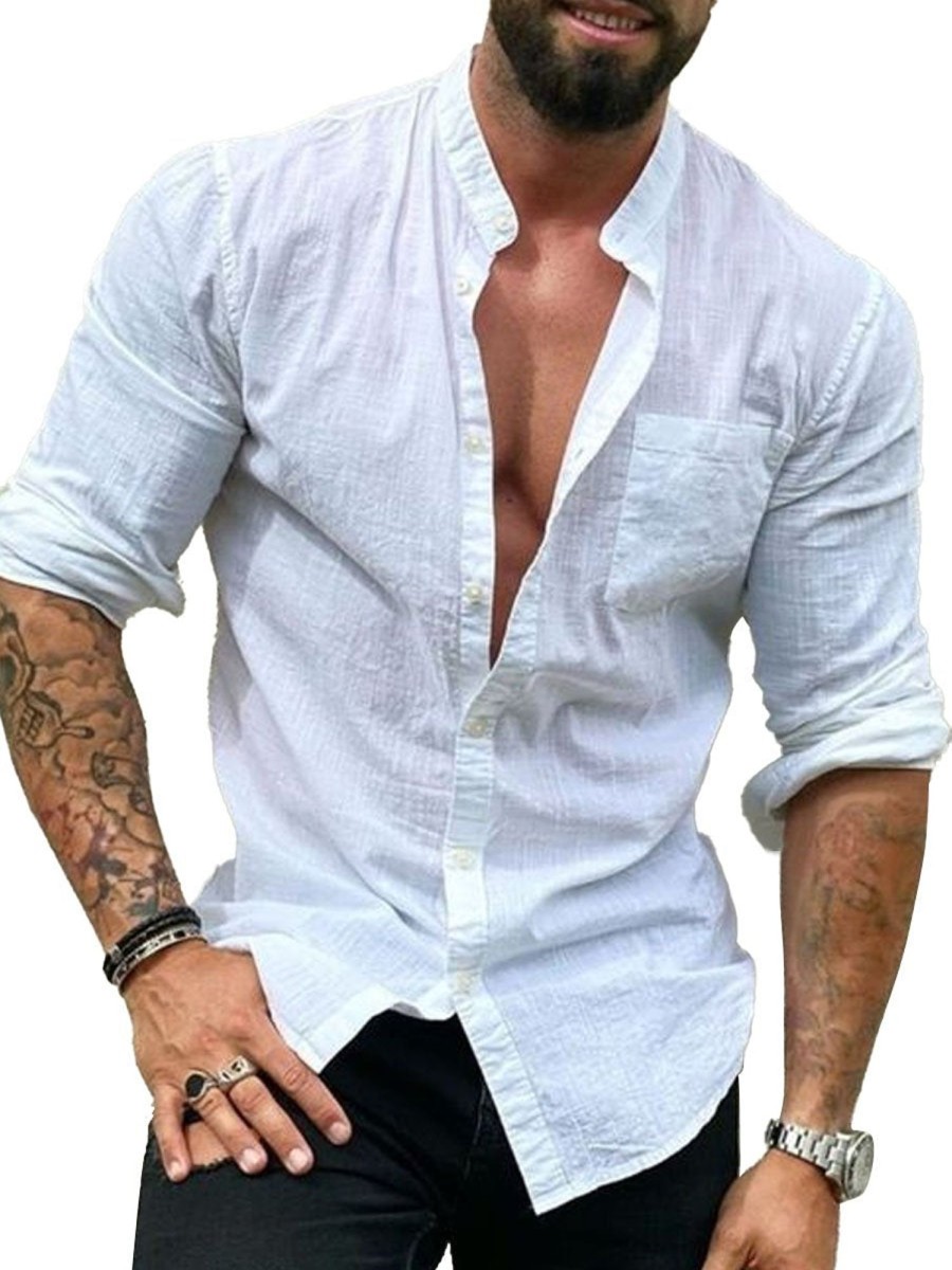 Men DJ Casual Long Sleeve Shirts | Single Pocket Button Down Solid Color Casual Long Sleeve Shirt White