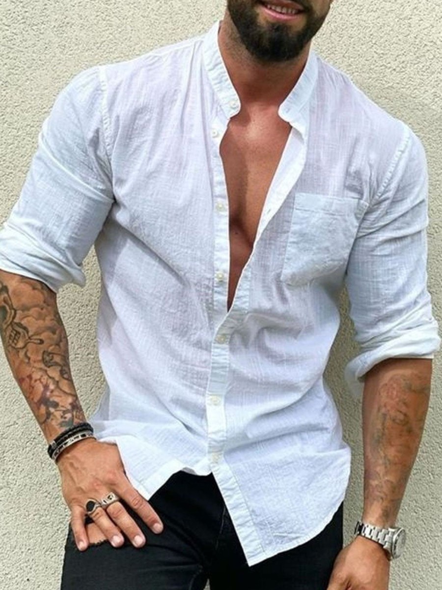 Men DJ Casual Long Sleeve Shirts | Single Pocket Button Down Solid Color Casual Long Sleeve Shirt White