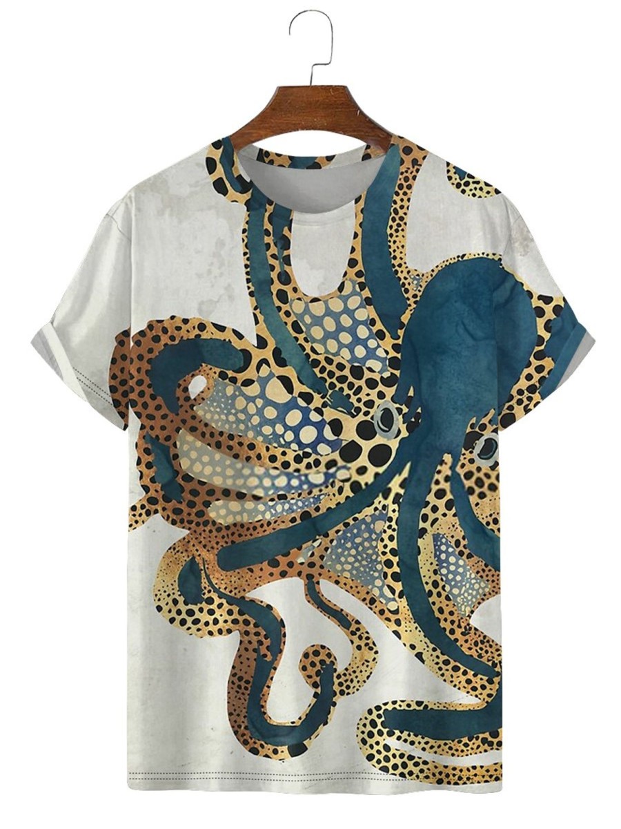 Men HLJ T-Shirts | Men'S Undersea Big Octopus Round Neck Short Sleeve T-Shirt White