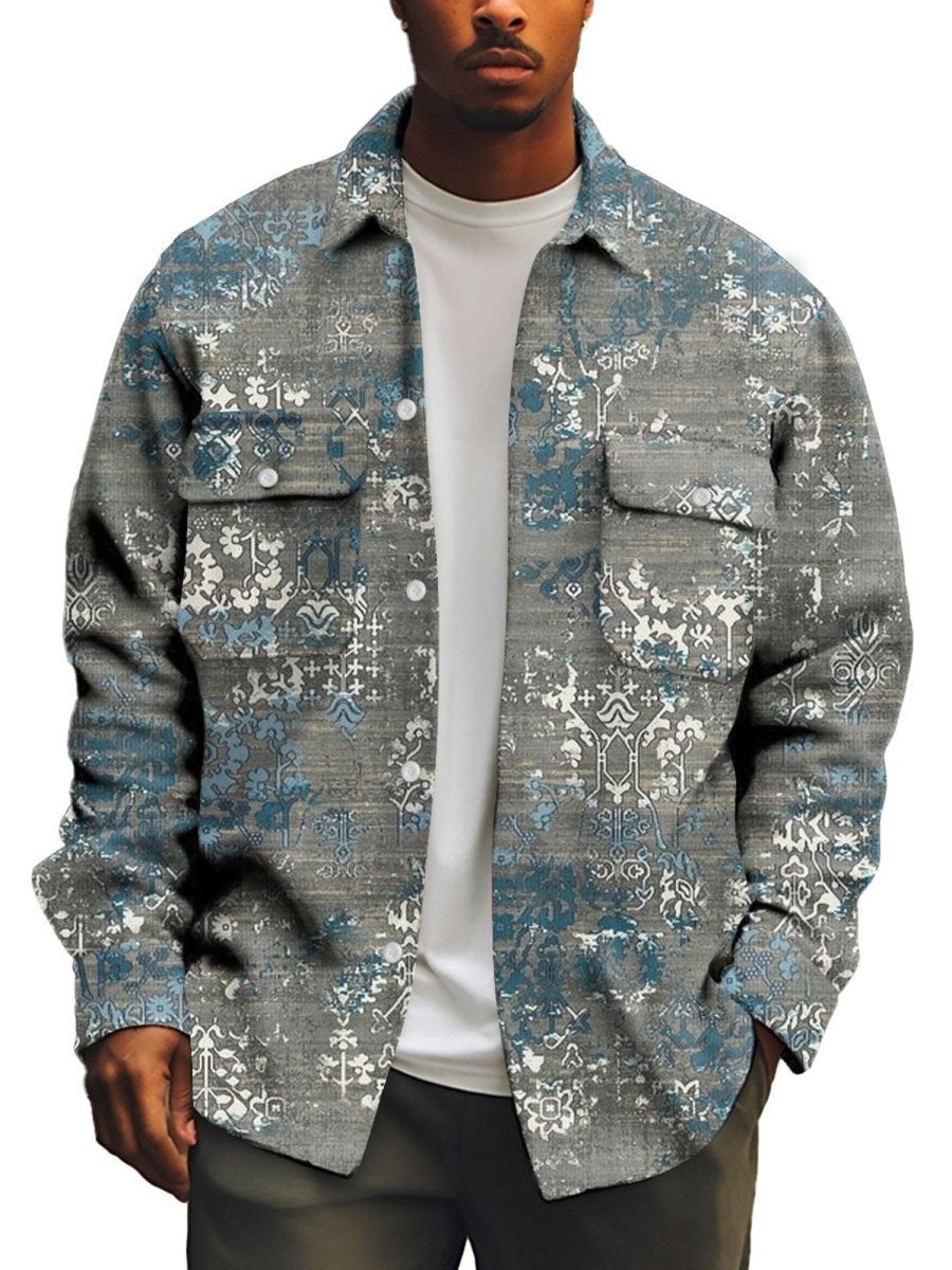 Men DJ Print Jacket | Retro Ethnic Print Pocket Lapel Corduroy Jacket Photo Color