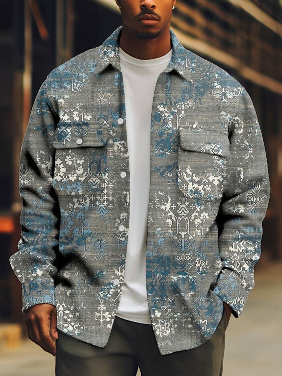 Men DJ Print Jacket | Retro Ethnic Print Pocket Lapel Corduroy Jacket Photo Color