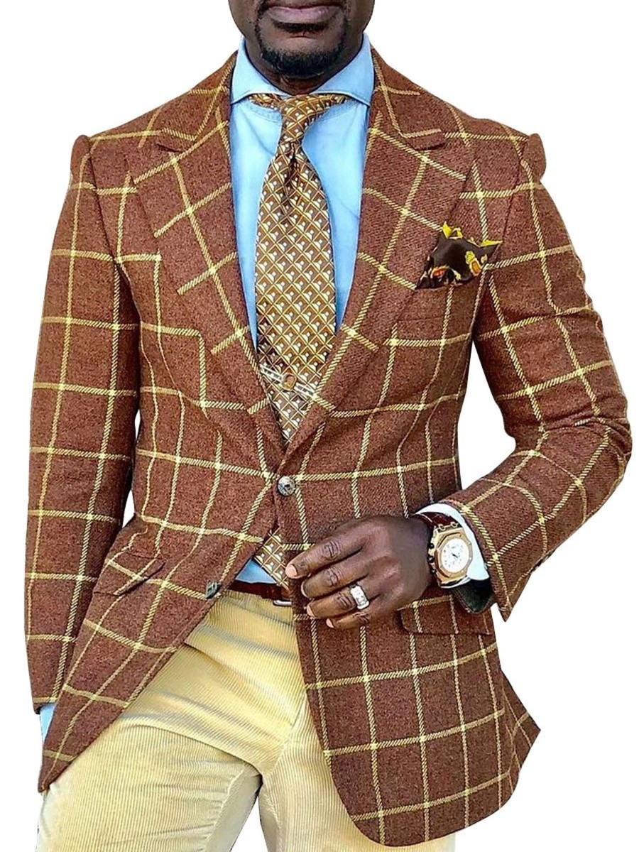 Men BXL Jacket | Vintage Wool Plaid Suede Patchwork Casual Blazer Brown