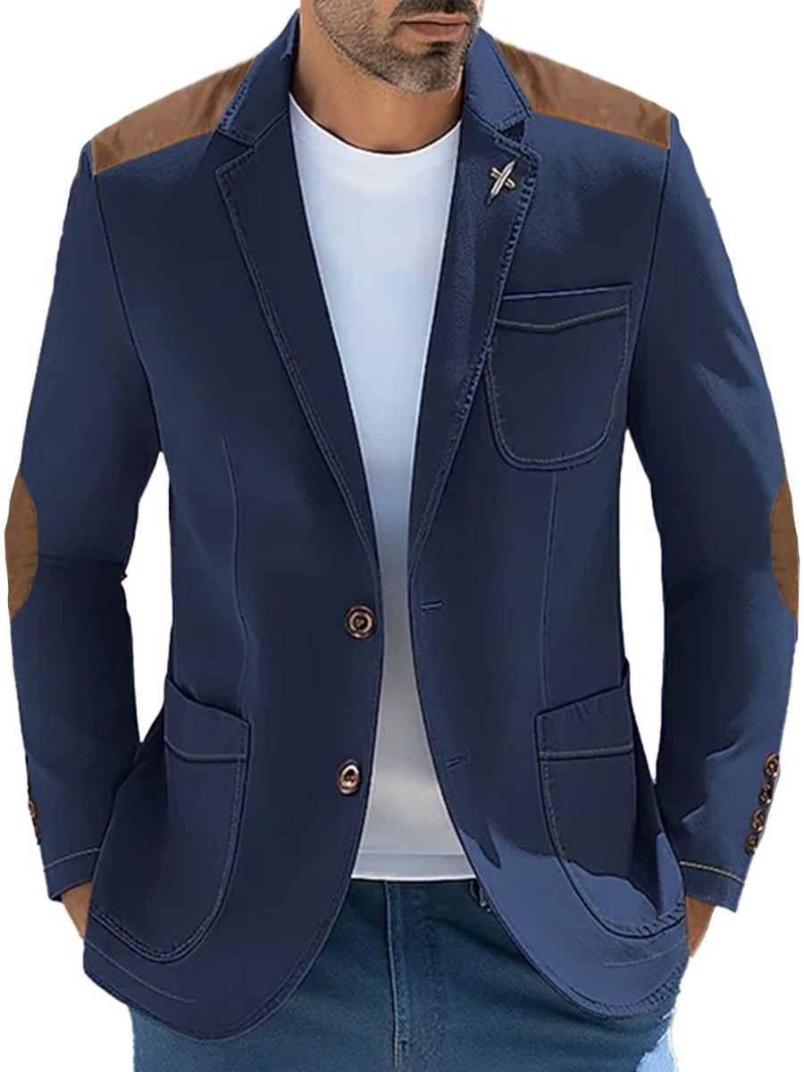 Men BXL Jacket | Cotton-Twill And Suede Paneled Lapel Multi-Pocket Blazer Blue