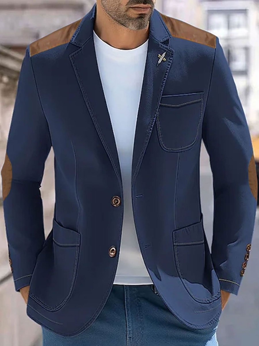 Men BXL Jacket | Cotton-Twill And Suede Paneled Lapel Multi-Pocket Blazer Blue