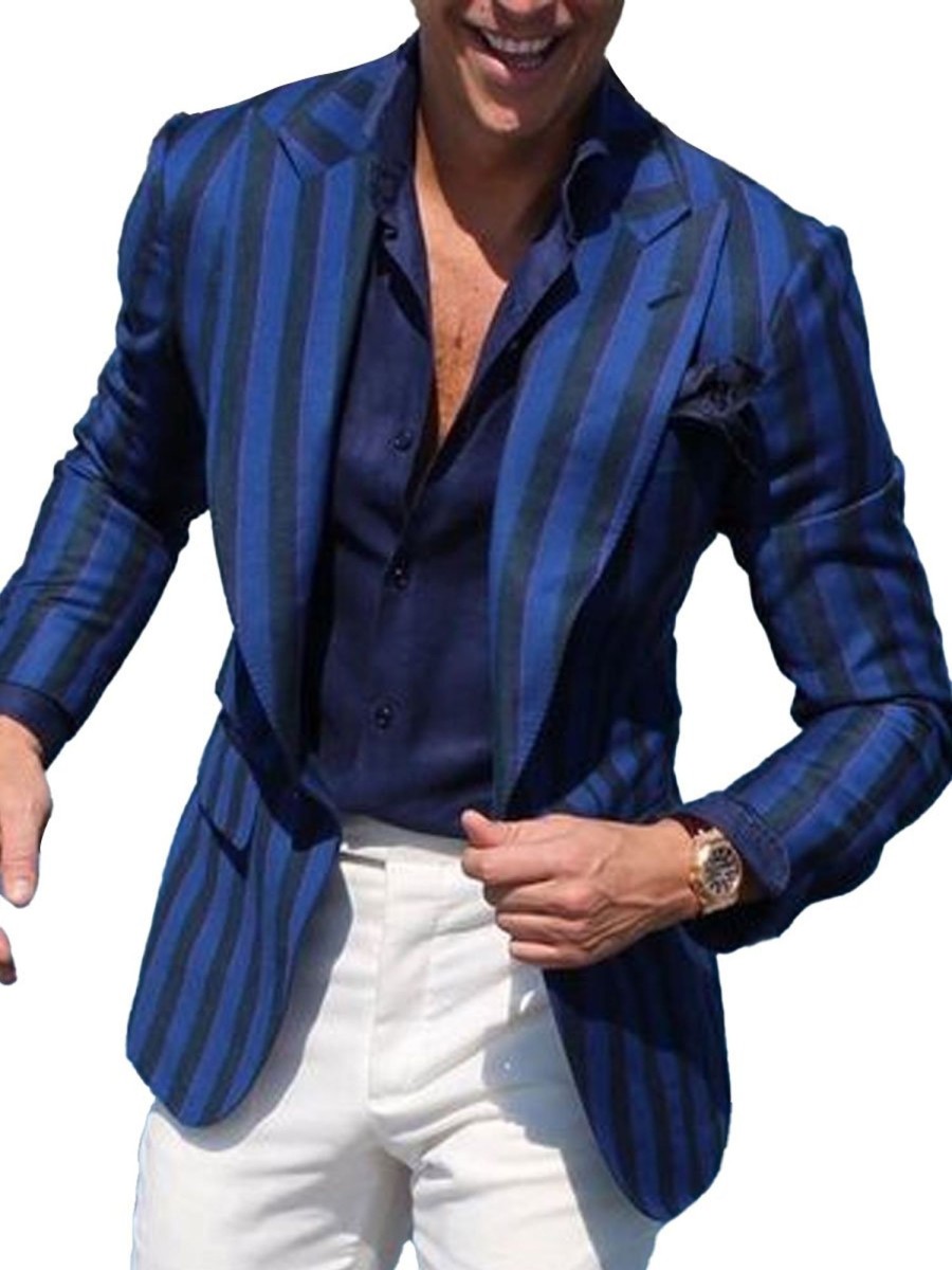 Men DJ Jacket | Vintage Three-Pocket And Black Striped Printed Casual Blazer Blue