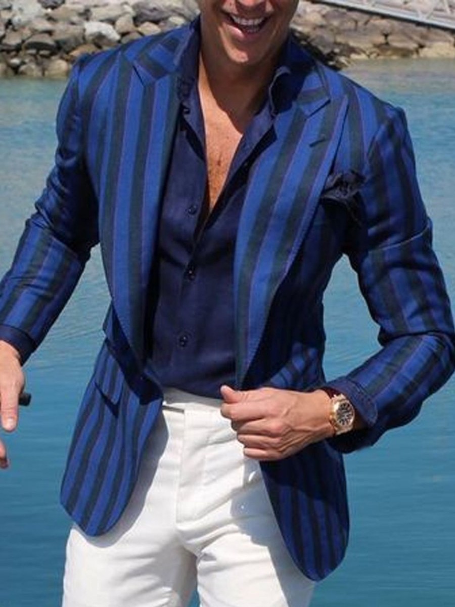 Men DJ Jacket | Vintage Three-Pocket And Black Striped Printed Casual Blazer Blue