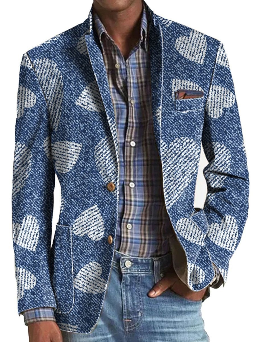 Men QMY Print Jacket | Stylish Heart Denim Print Blazer Photo Color