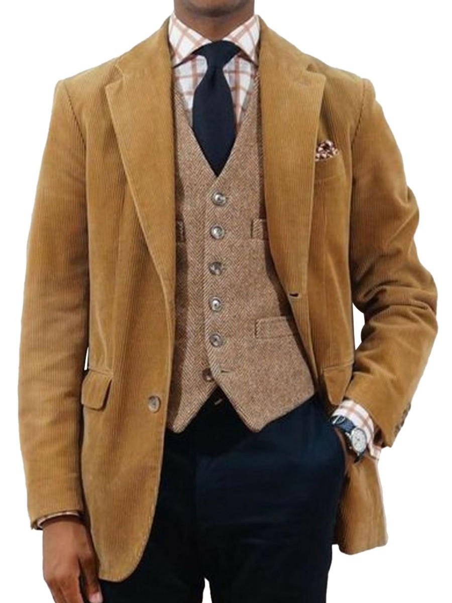 Men BXL Jacket | Retro Solid Color Corduroy Lapel Casual Coat Blazer Yellow