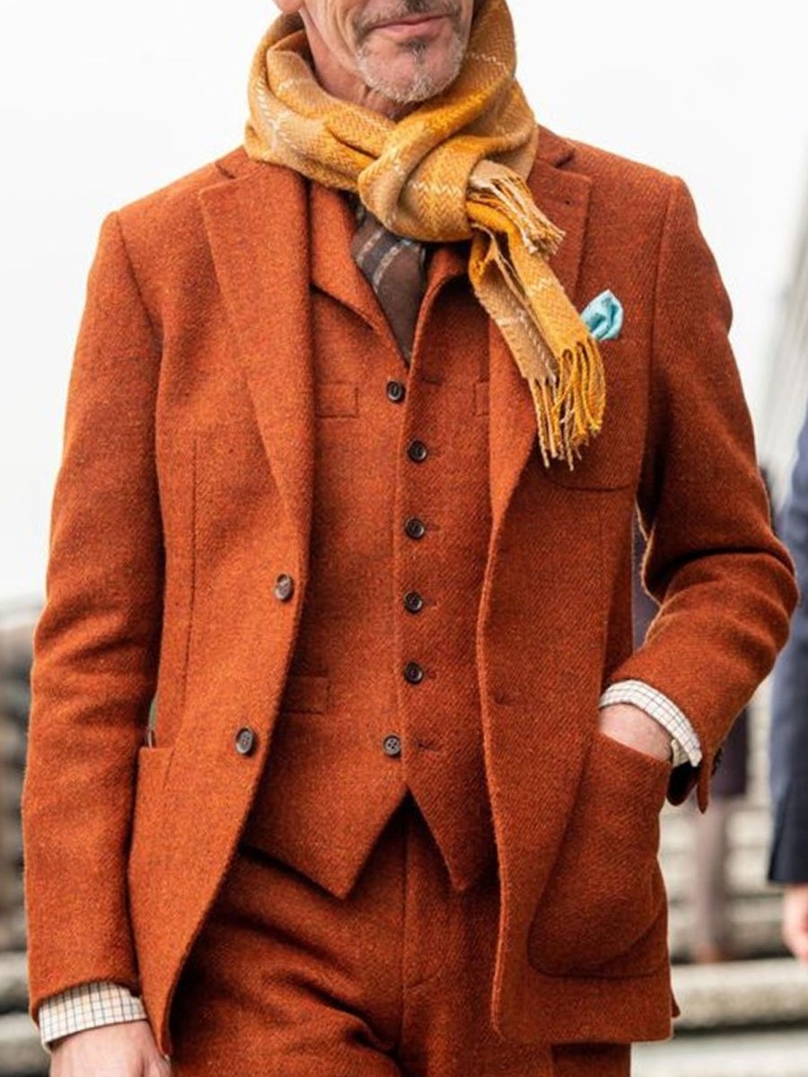 Men BXL Jacket | Men'S Vintage Woolen Multi-Pocket Casual Blazer Orange