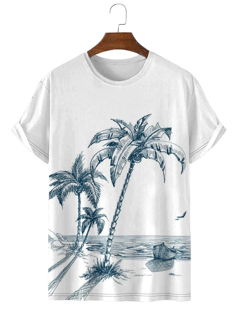 Men HLJ T-Shirts | Seaside Coconut Tree Casual Short Sleeve T-Shirt White