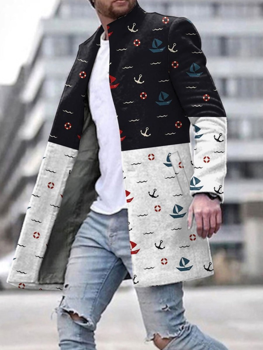 Men BXL Print Jacket | Men'S Casual Anchor Sailing Single Breasted Stand Collar Jacket 46530085Xl Black