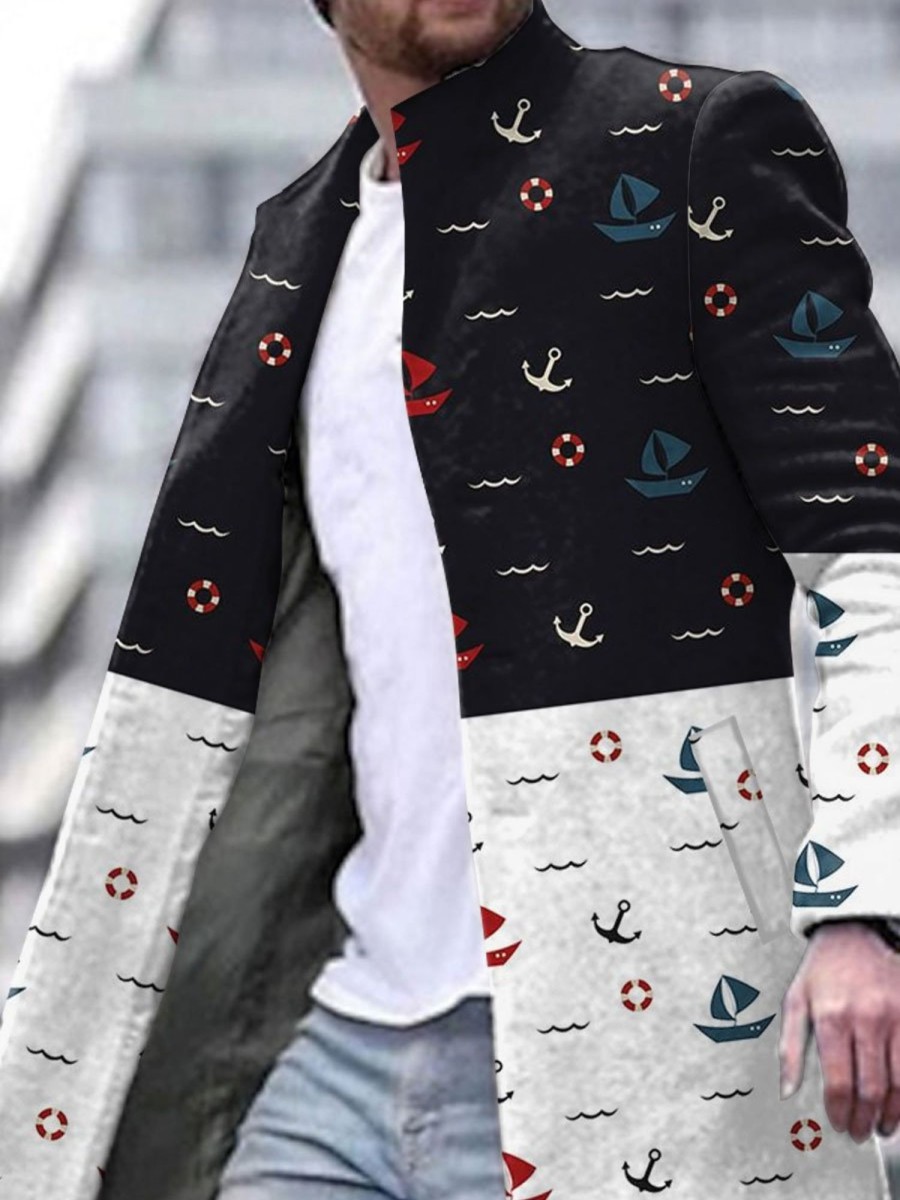 Men BXL Print Jacket | Men'S Casual Anchor Sailing Single Breasted Stand Collar Jacket 46530085Xl Black