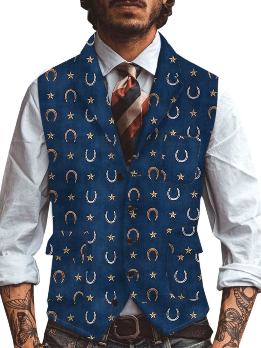 Men DJ Vest | Retro Horseshoe Print Three-Pocket Lapel Casual Vest Navy Blue