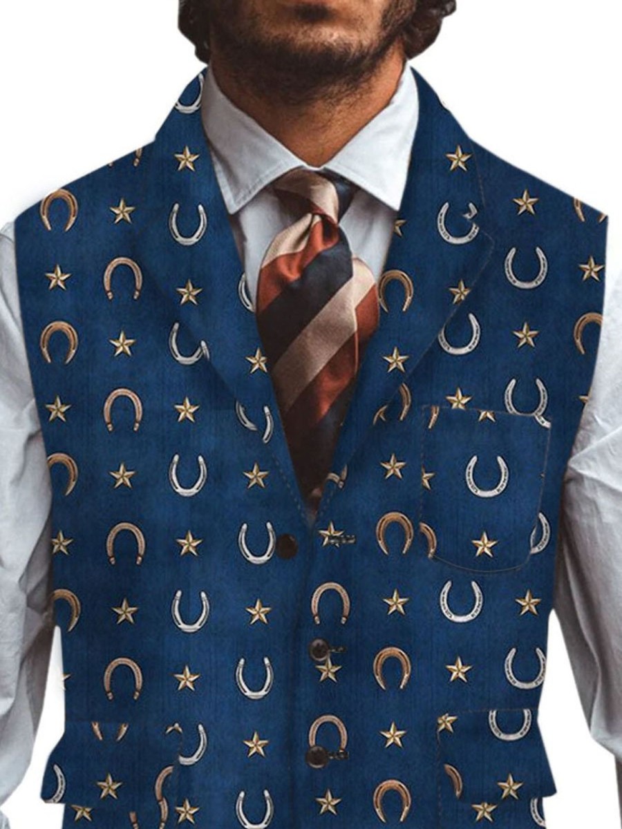 Men DJ Vest | Retro Horseshoe Print Three-Pocket Lapel Casual Vest Navy Blue